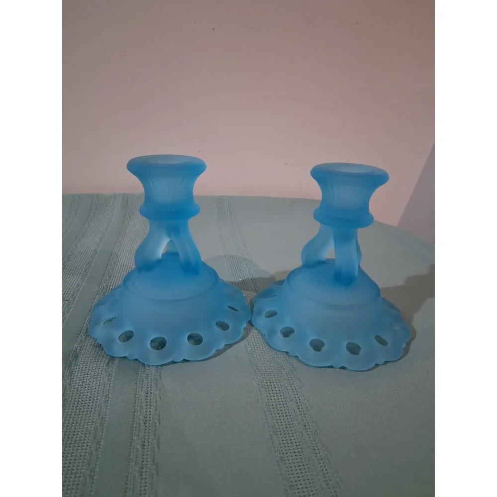 Vintage Fenton Blue Satin Glass Open‎ Lace Eyelet Edge Candlestick Holders Set 2